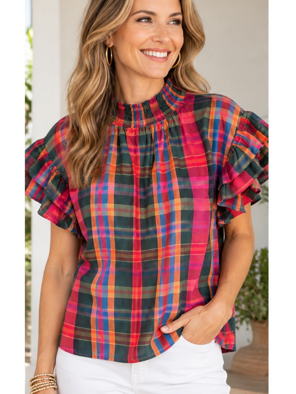 Plaid Ruffle Sleeve Blouse - Pink Multi
